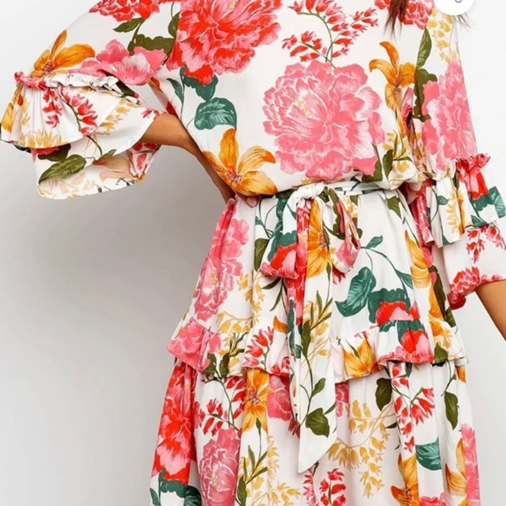 Floral Print Round Collar Pleated Dress